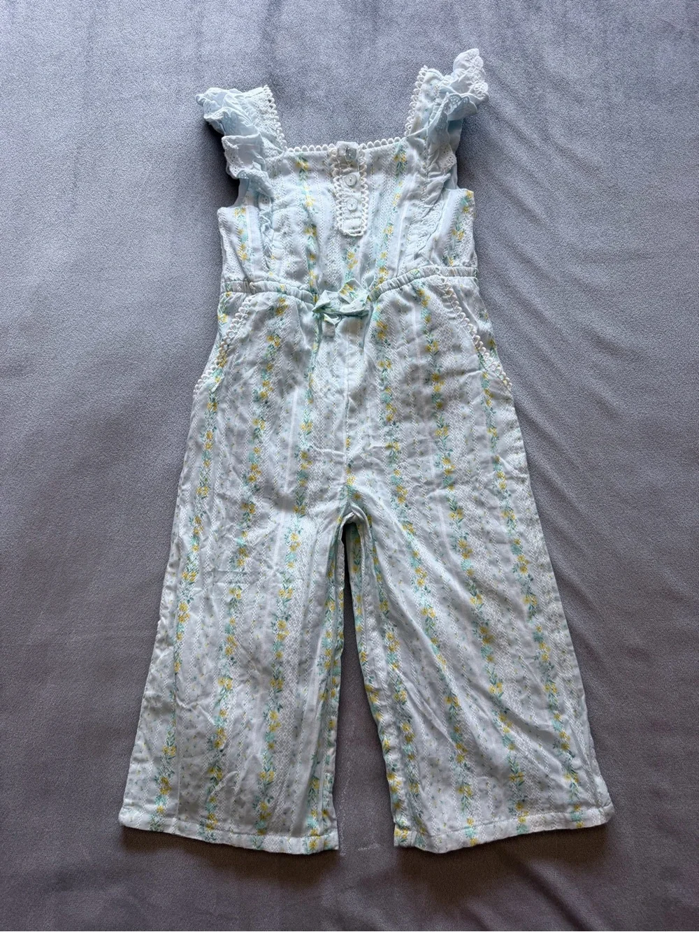Tommy Bahama Pale Blue Girls Smocked jumpsuit with Floral Trim
